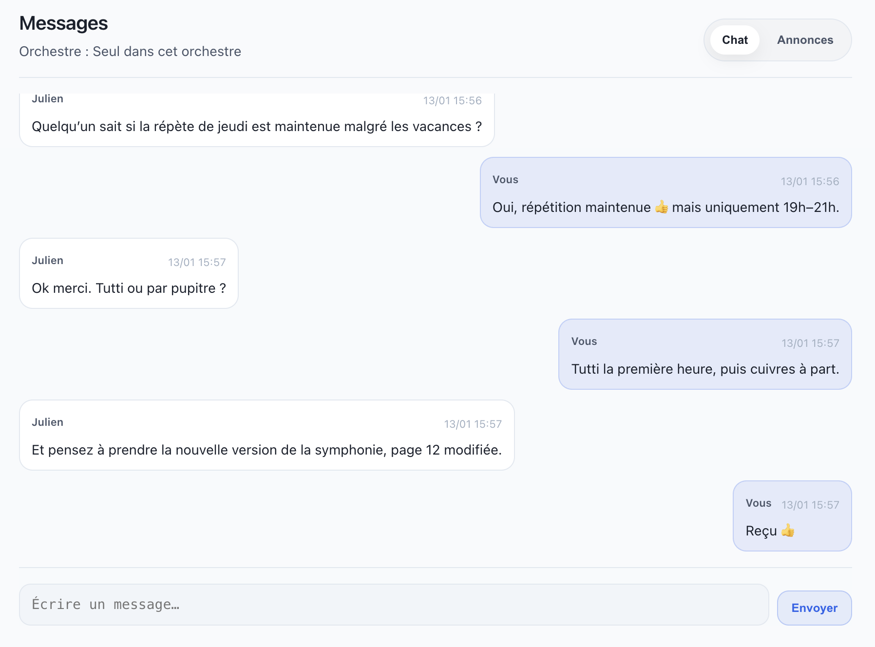 Chat d'orchestre - messagerie et annonces